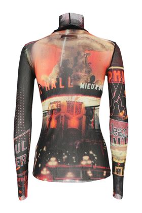 Long-sleeved top in red and black tulle with pigalle print. JEAN PAUL GAULTIER | 24/30-F-TO206T55200301550